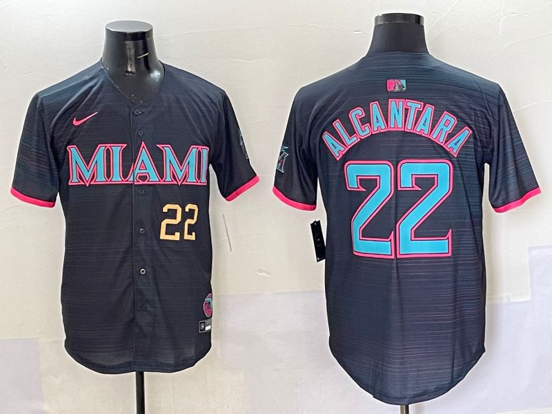 Men 2025 Miami Marlins #22 Alcantara Black Joint Name Nike MLB Jersey style 2